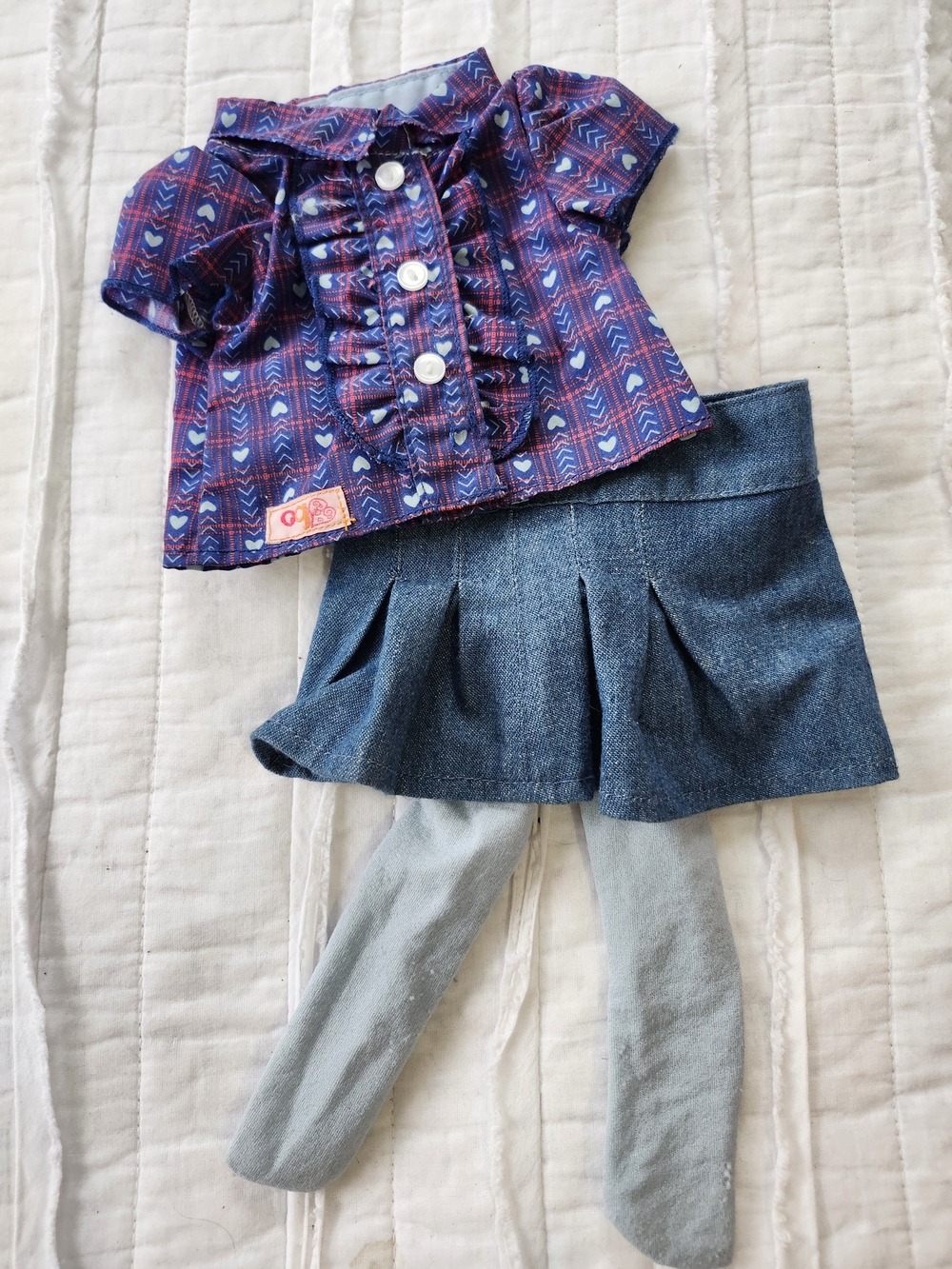 Our Generation 18-inch Doll Outfit Blouse with Denim Skirt and Gray Tights